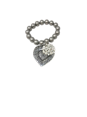 Chunky silver bead stretch bracelet featuring a patterned heart and a crystal flower charm.