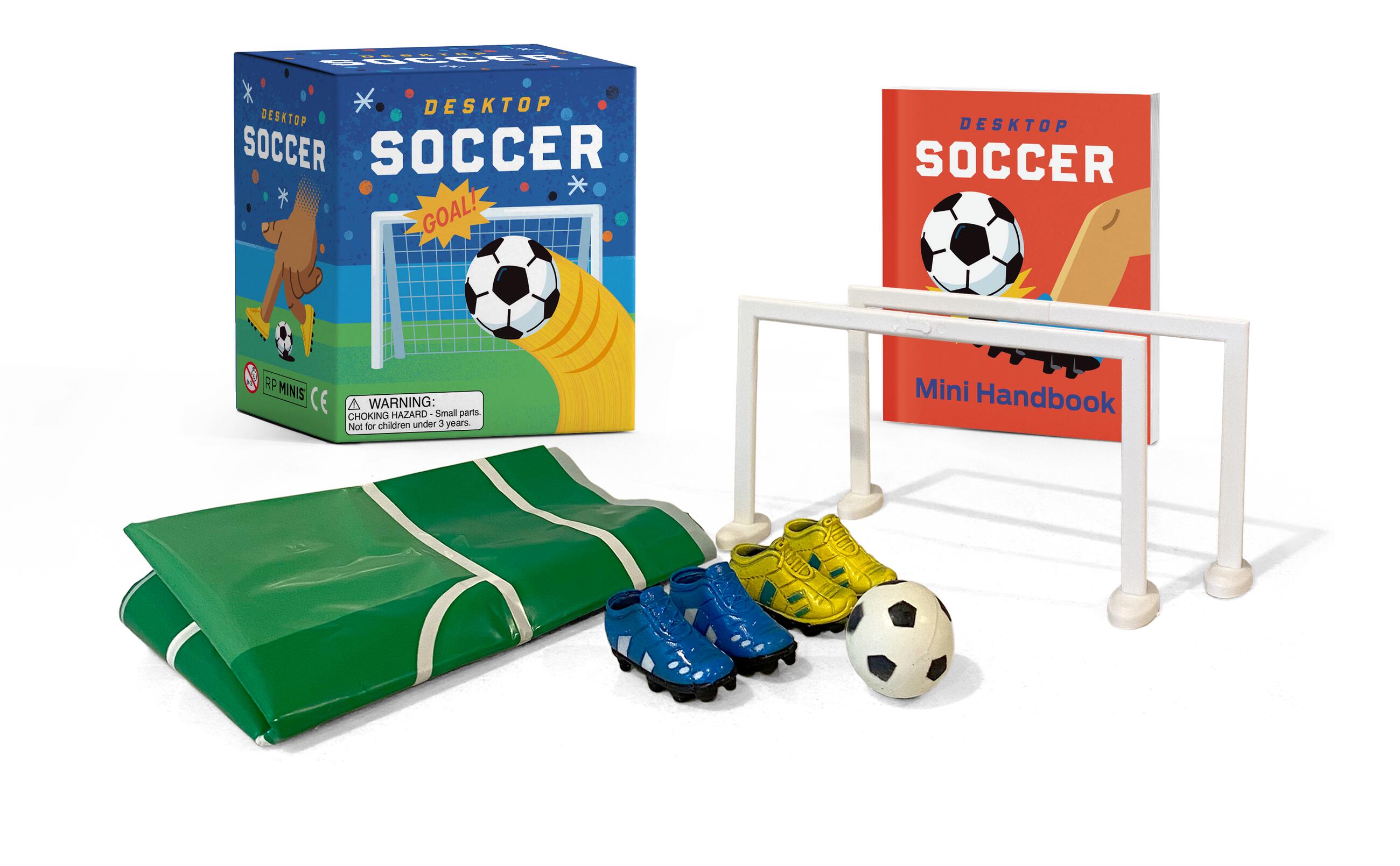 Desktop soccer game set with green pitch mat, two goals, finger cleats, and a mini ball.