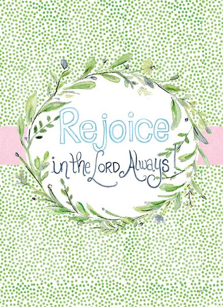 Greeting card with a green leaf wreath and the text 'Rejoice in the Lord Always!' on a dotted background.