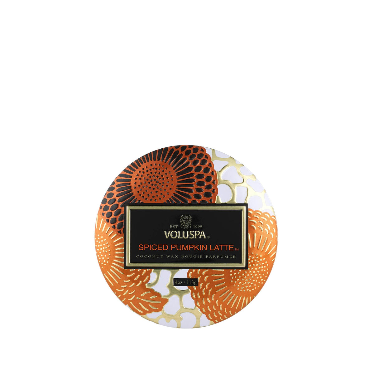 Top view of a Voluspa Spiced Pumpkin Latte 4oz mini tin candle with orange floral Japonica pattern.