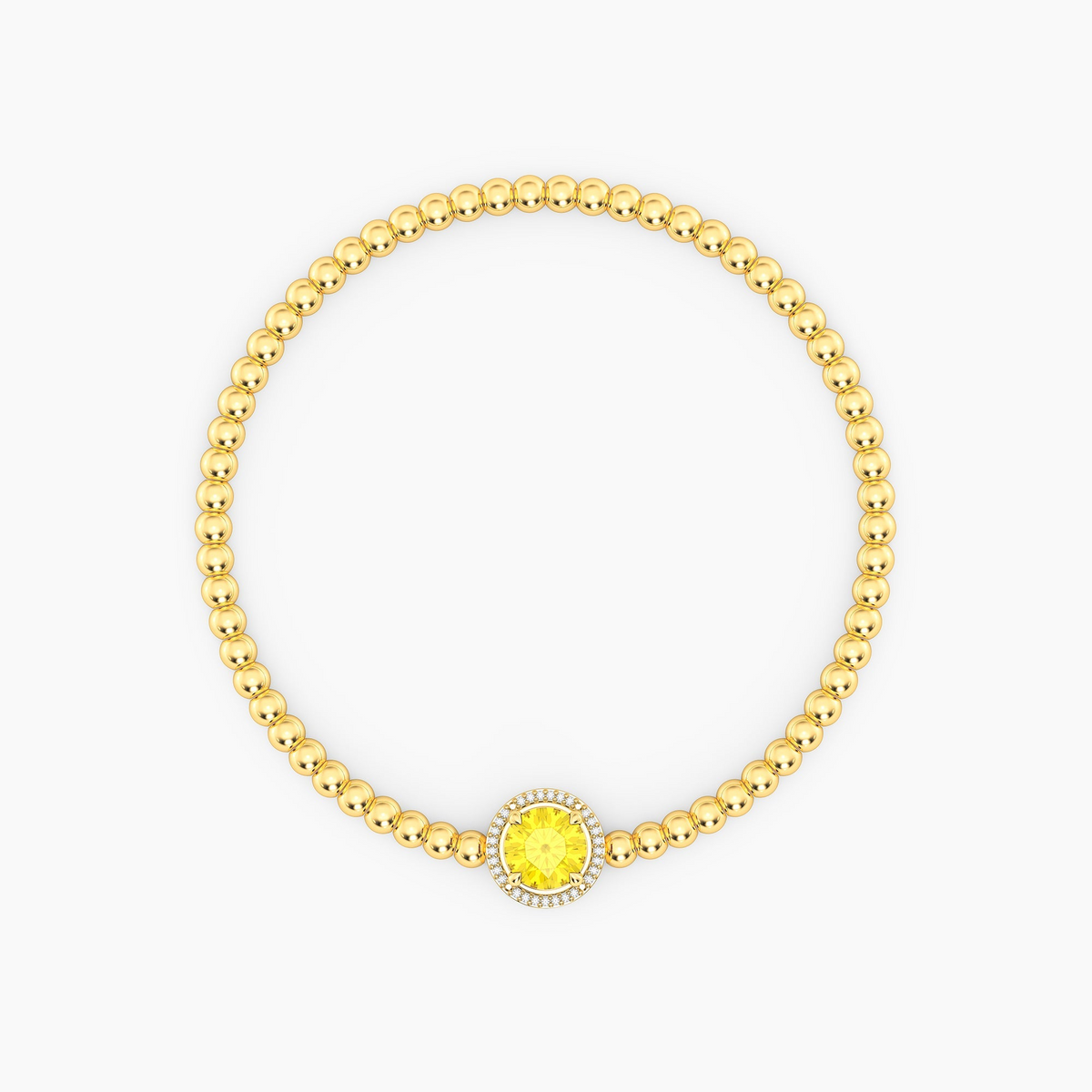 Gold plated beaded bracelet with a round yellow center stone and diamond halo.