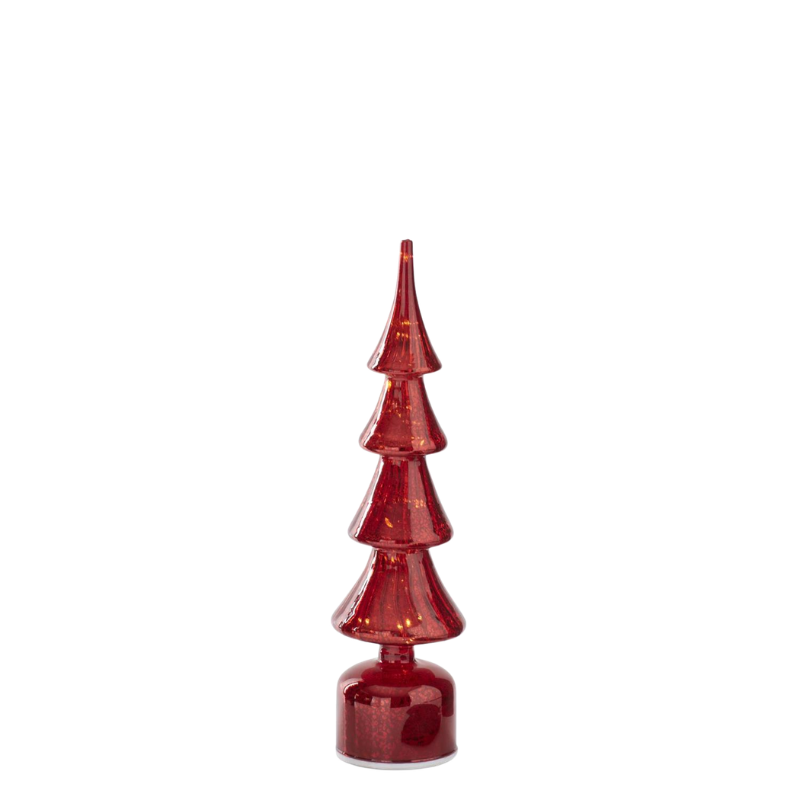 Rotating ribbed red mercury glass LED Christmas tree with a tiered design and cylindrical base.