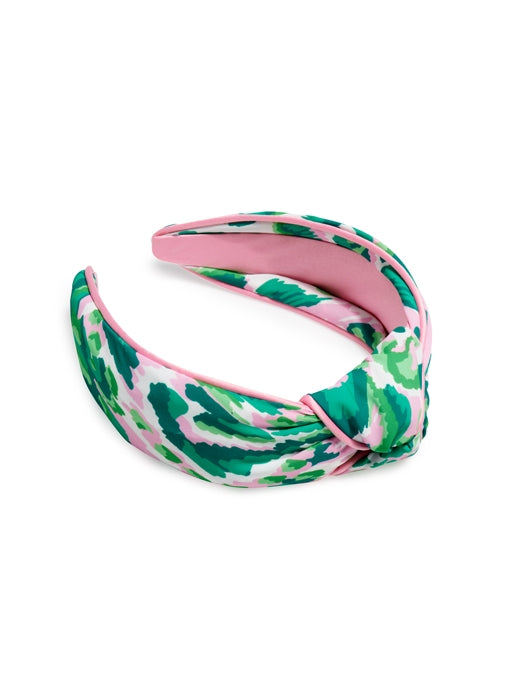 Green polyester watercolor knotted headband with a soft fabric texture.