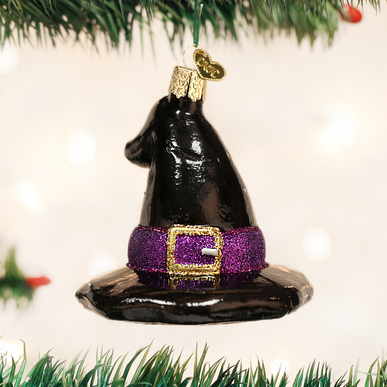 Black witch's hat ornament with a pointed conical shape and wide brim