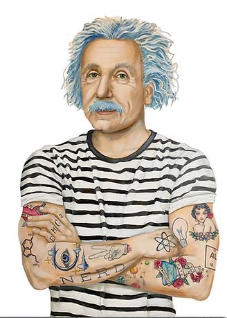 Print of Albert Einstein with blue hair, a striped shirt, and tattoos of scientific symbols and the word NERD.