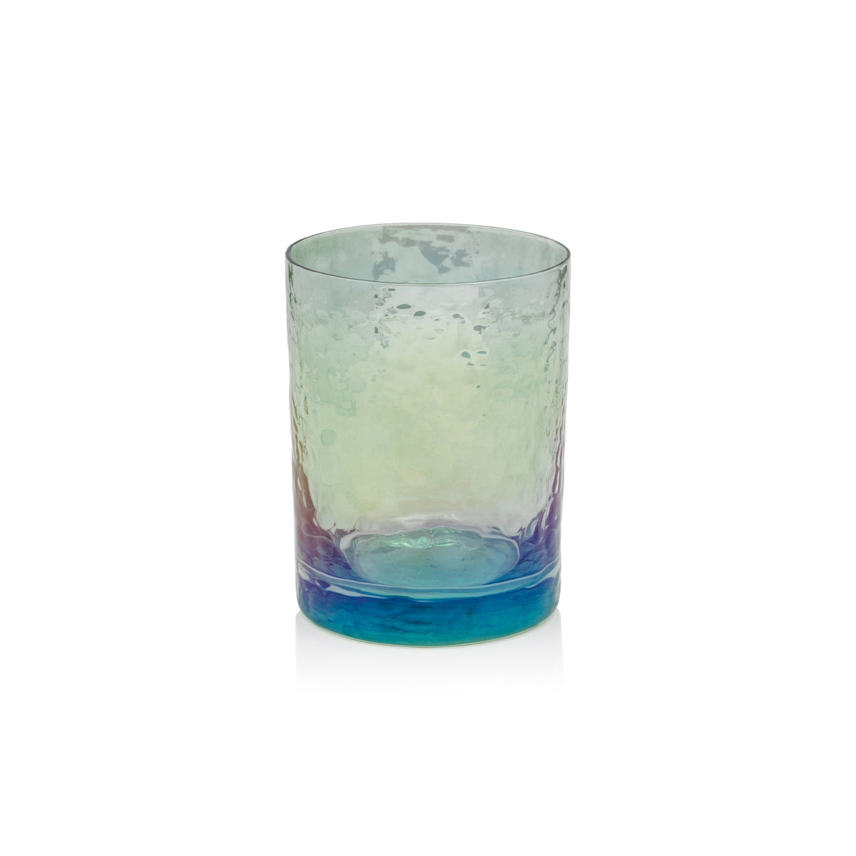 Aperitivo Rocks Glass with a hammered texture and iridescent blue, green, and purple gradient.