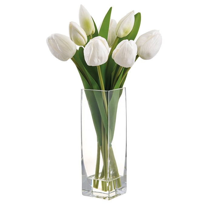 Glass tulip vase with iron wire frame detail