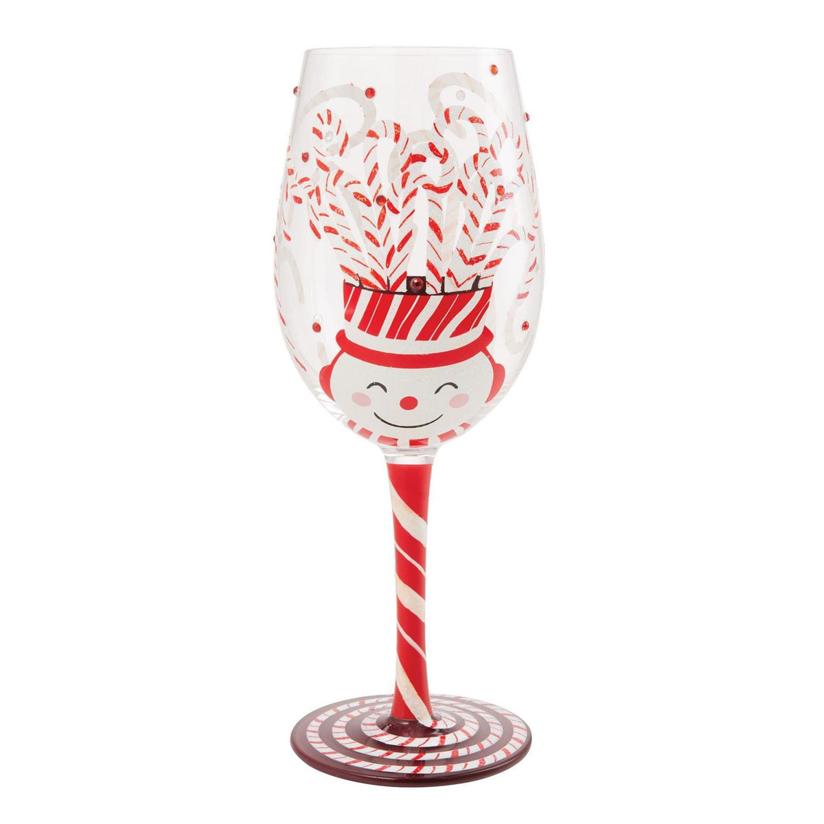 Lolita wine glass with hand-painted floral designs, glitter accents, and a cocktail recipe printed on the base.