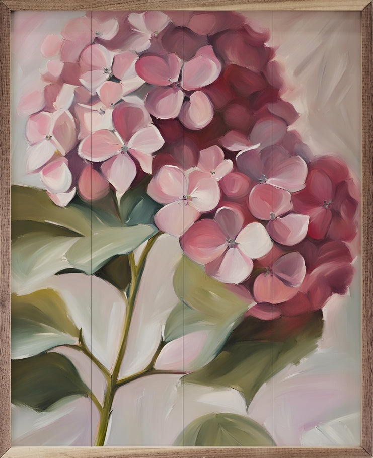 Hand-painted pink hydrangea floral art on American hardwood with a natural walnut frame.