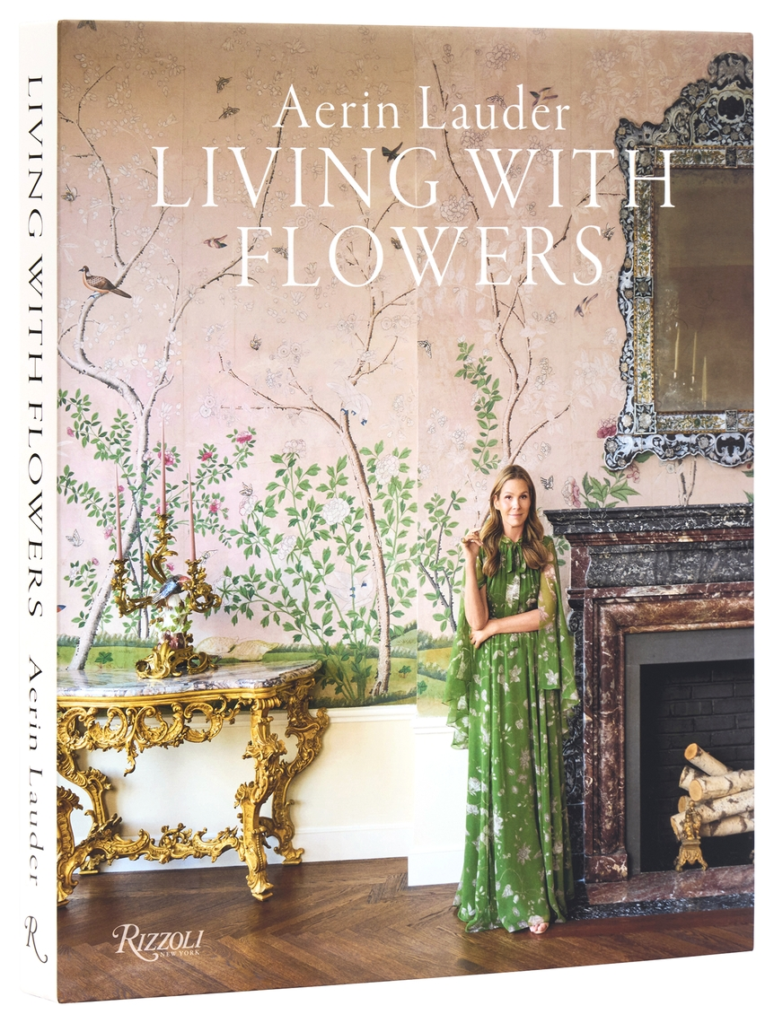 Aerin Lauder: Living with Flowers hardcover book by Rizzoli featuring a woman in a green dress.