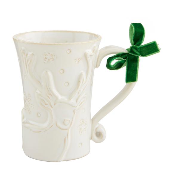White Christmas mug with milk glazed textured stoneware and raised antique wash motif.