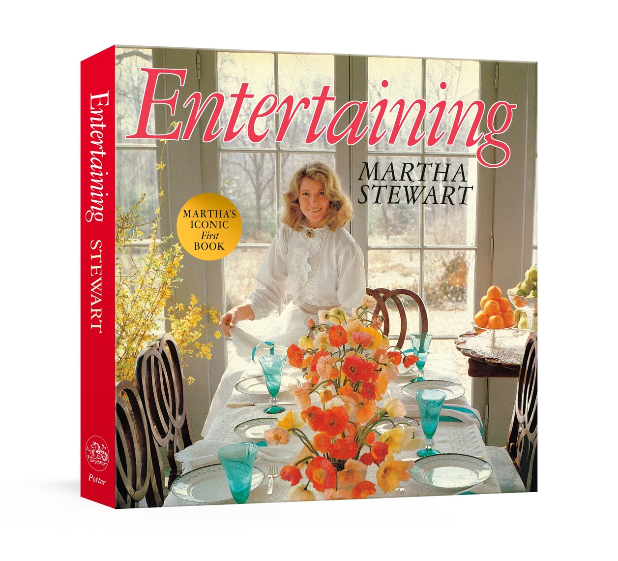 Entertaining by Martha Stewart hardcover book featuring a woman setting a floral dining table.