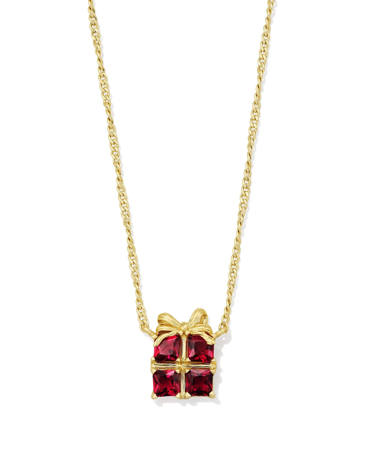 Present Short Pendant Necklace in 14k yellow gold over brass with red crystals.