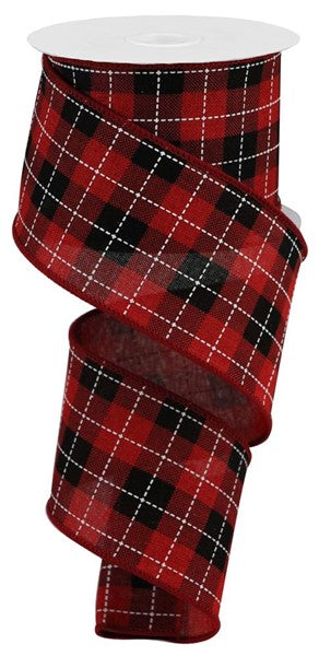 2.5-inch wide red and black buffalo check ribbon with a white grid pattern on a spool.