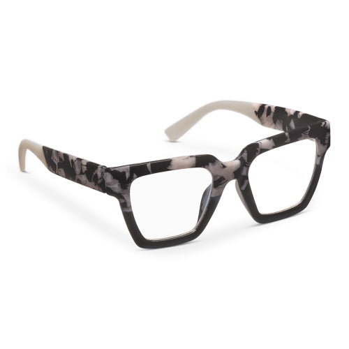 Take A Bow eyeglasses with bold blue color block frames featuring animal print accents and spring hinges.