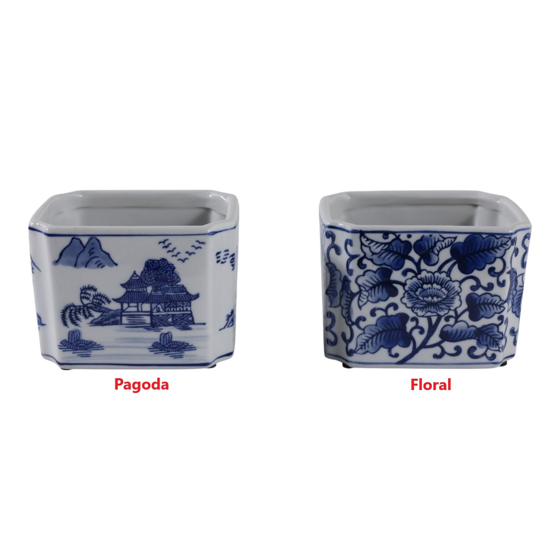 Two blue and white ceramic rectangle pencil cups in Pagoda and Floral patterns.