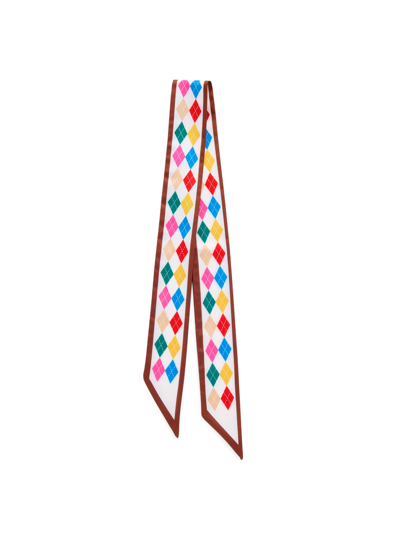Ivory Argyle Twilly Scarf with colorful diamond patterns and a brown border.