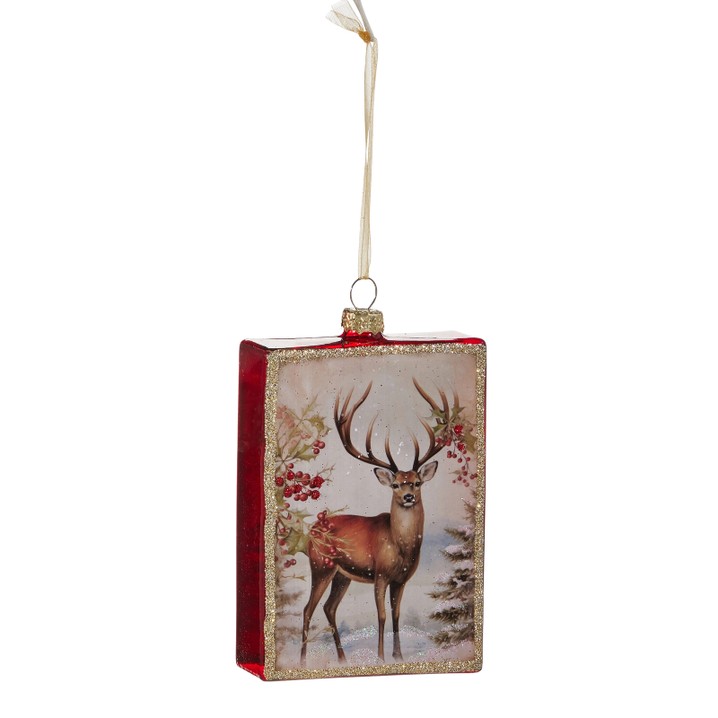 5-inch glass rectangle ornament featuring a stately stag in a snowy woodland scene with red berries.