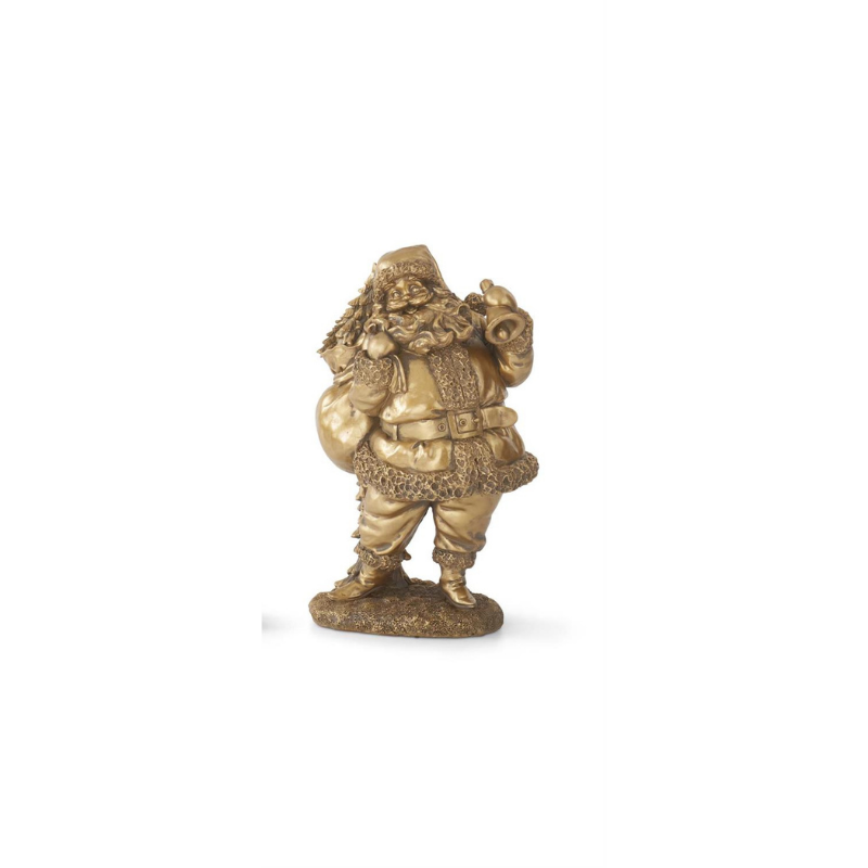 Antique gold resin Santa figurine holding a bell and a sack of gifts.