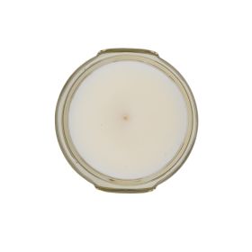 Top-down view of a Tyler 3.4oz GlamFam candle showing white wax and a single wick in a glass jar.