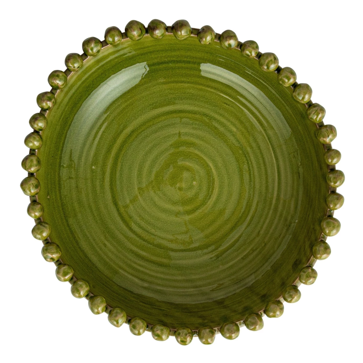 Top view of a green decorative terra-cotta bowl with a hobnail edge and reactive glaze finish.