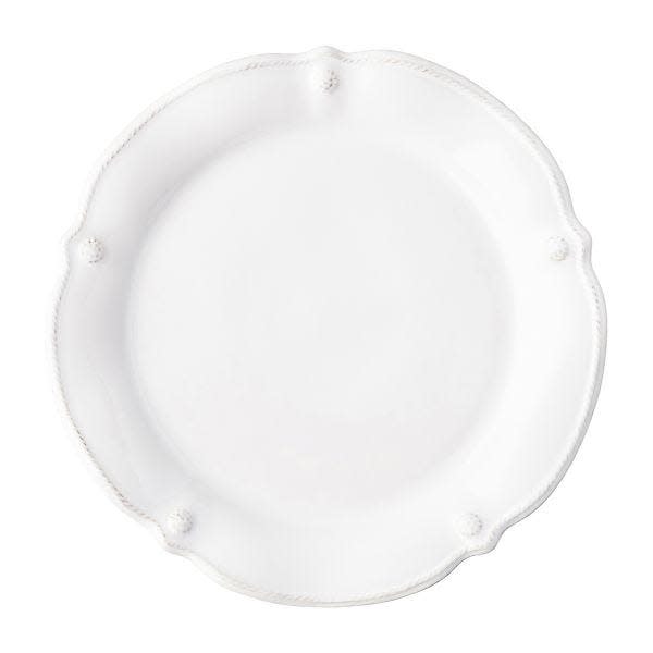 Berry & Thread Whitewash Flared Dinner Plate with scalloped edges and raised berry details.