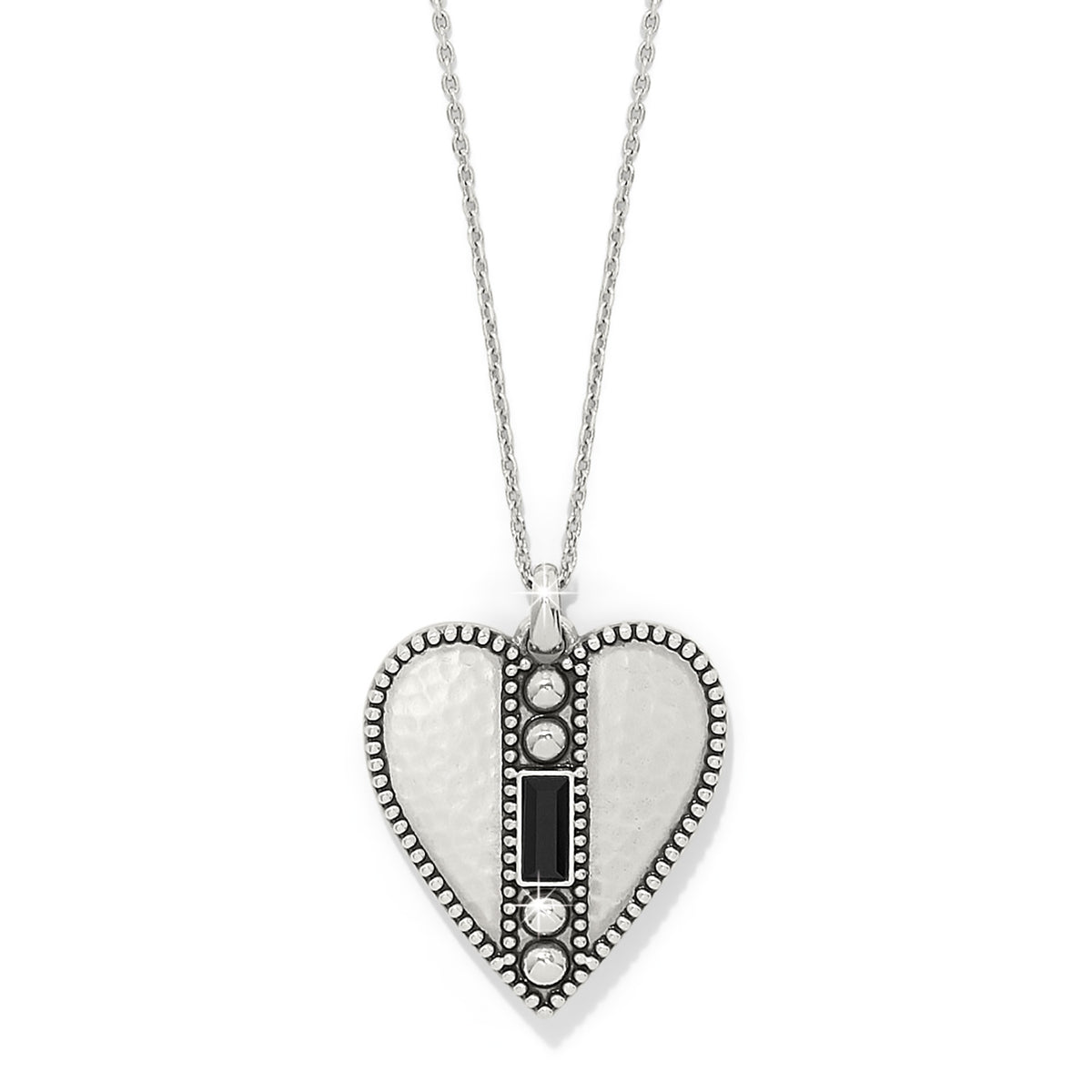 Silver plated heart pendant necklace with a black baguette crystal and beaded texture.