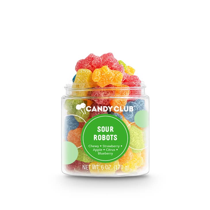 Sour Robots sour gummy candy in a clear bag showing red robot-shaped pieces.