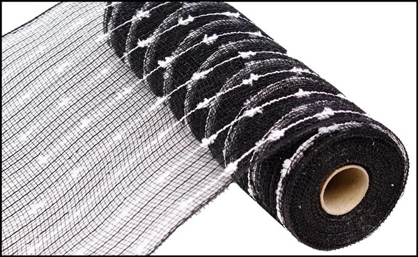 Roll of black metallic mesh ribbon with white puff ball accents on a cardboard core.