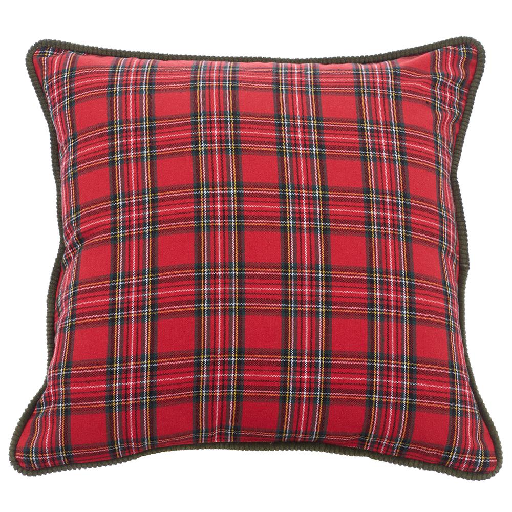 Red and green plaid pillow with a dark green corded edge trim.