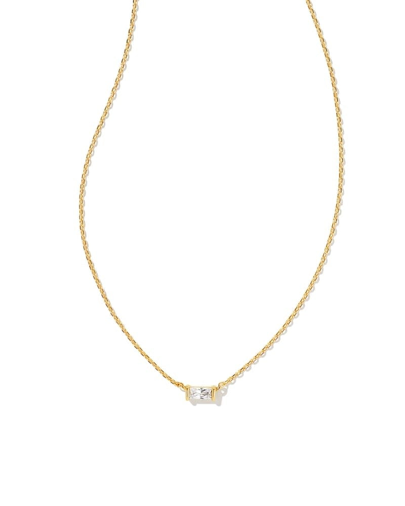 Gold Juliette pendant necklace with a white baguette crystal on a 19-inch chain.