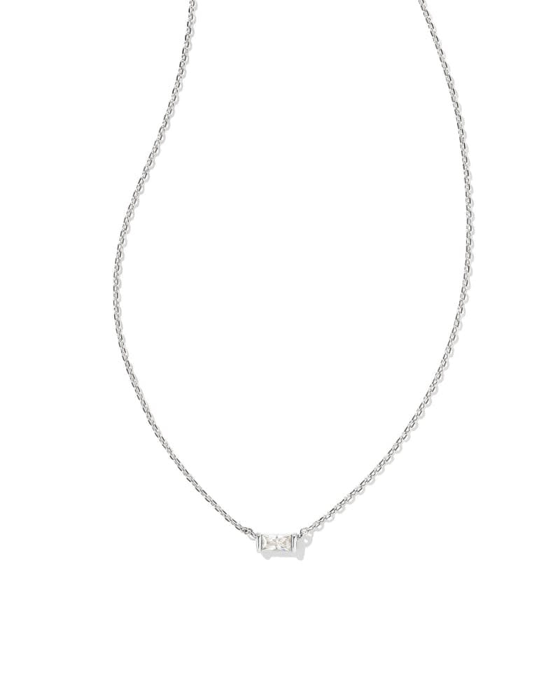 Rhodium Juliette pendant necklace with a white baguette crystal on an adjustable chain.