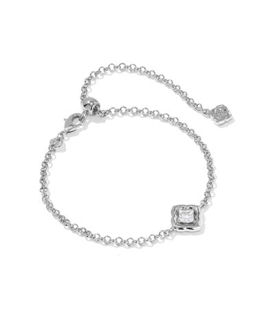 Mallory Crystal Delicate Chain Bracelet in silver with a square crystal medallion and slider clasp.
