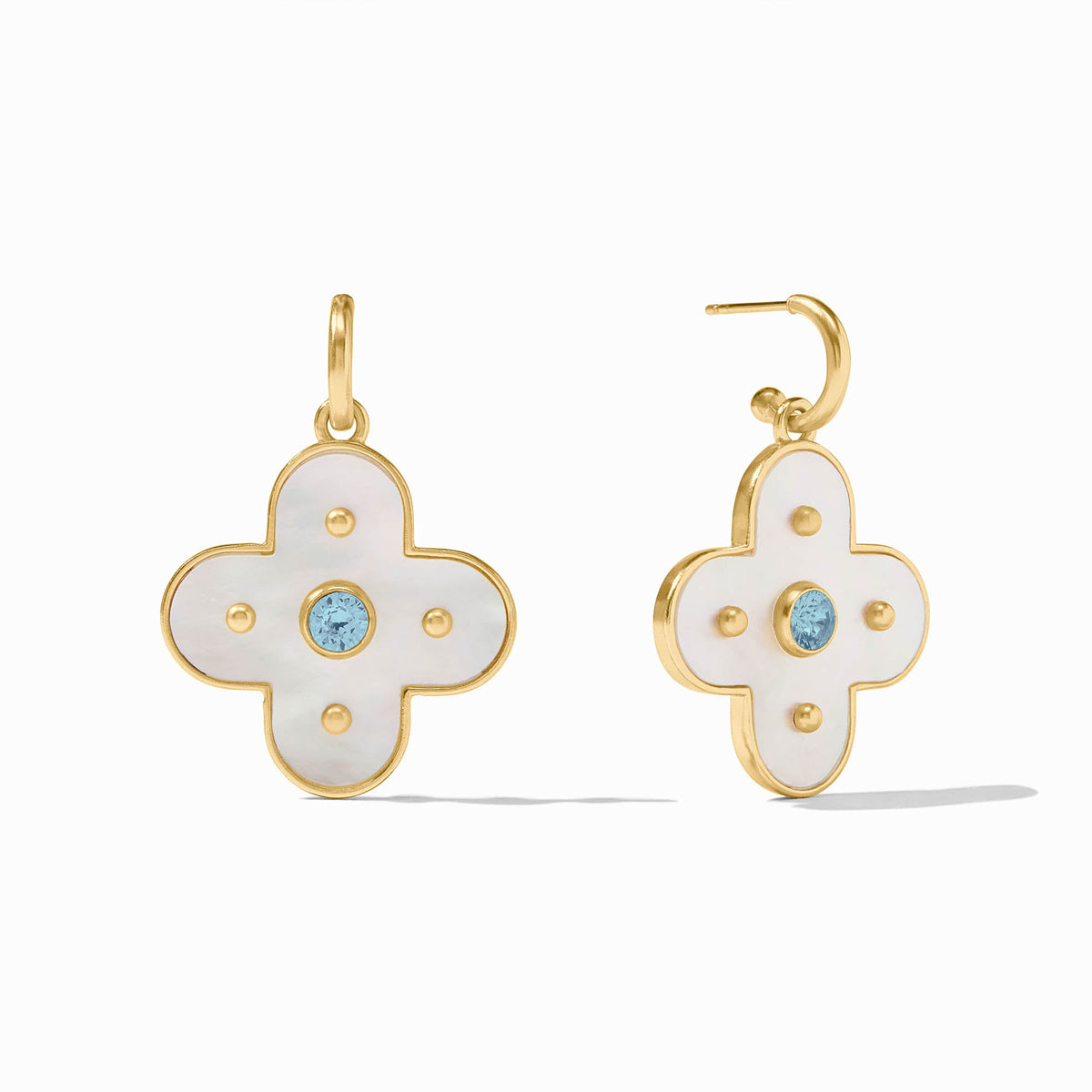Gold-plated hoop earring with mother-of-pearl charm featuring cubic zirconia accents