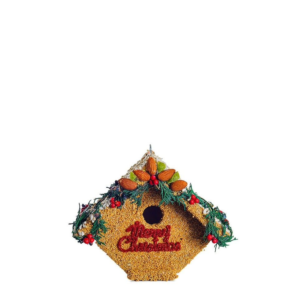 Exterior wooden wren house with natural wood finish designed for bird feeding and nesting.