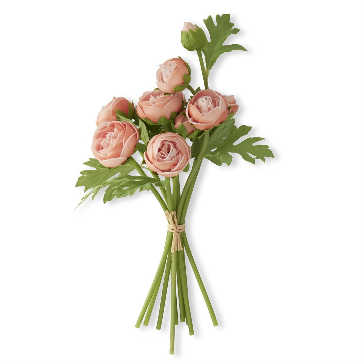Bundle of fifteen-inch artificial ranunculus flowers in realistic green foliage with plastic stems and wire supports.