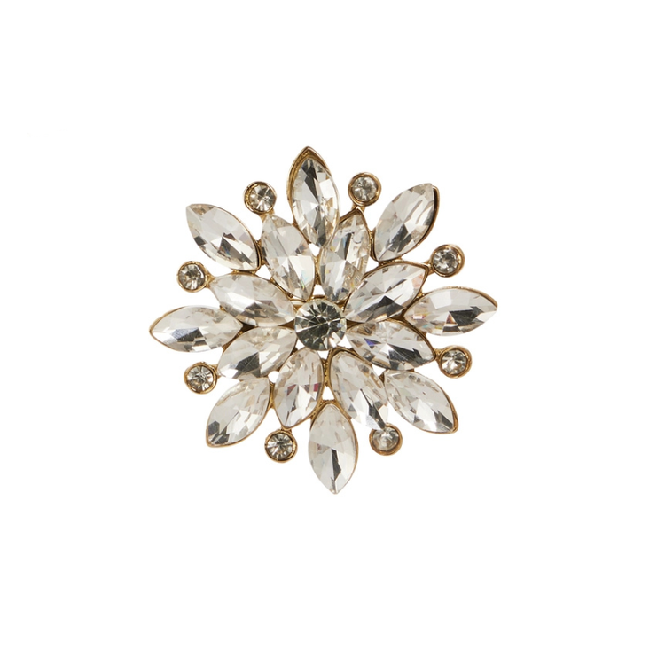 2.5-inch floral jewel brooch clip-on ornament with marquise and round-cut faceted glass gems.