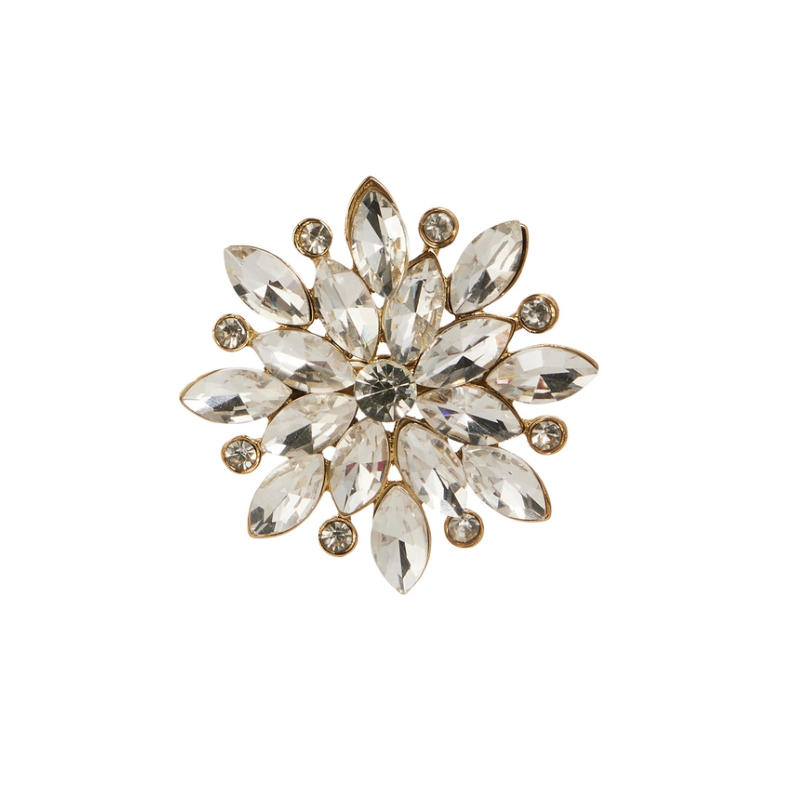 2.5-inch floral jewel brooch clip-on ornament with marquise and round-cut faceted glass gems.