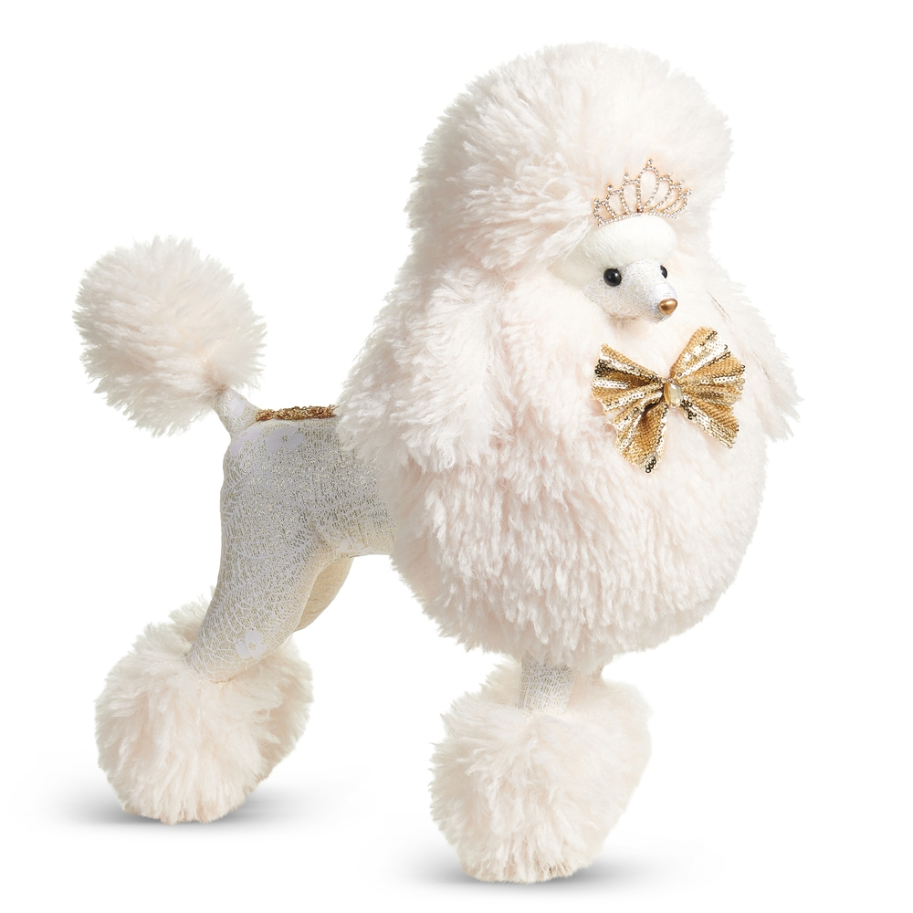 17-inch white plush princess poodle with a gold tiara and sequined bow.