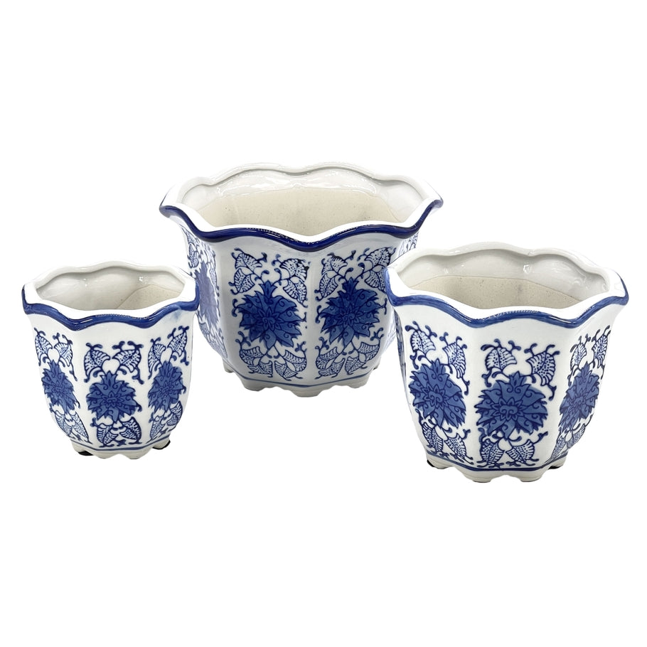 Blue and white floral ceramic pot with ruffled lip style