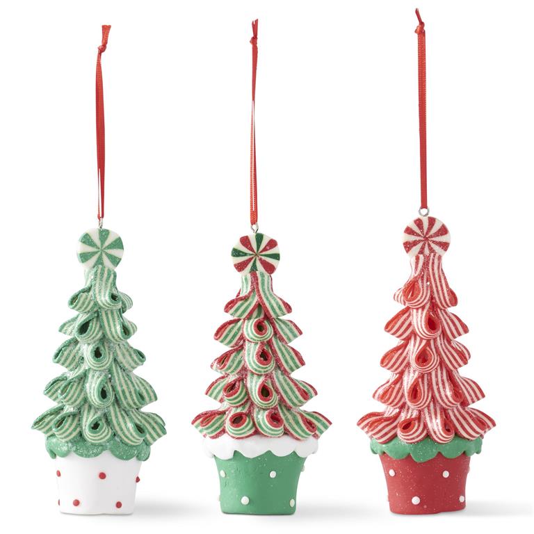 Three ribbon candy Christmas tree ornaments in green, red, and white clay dough with red hangers.
