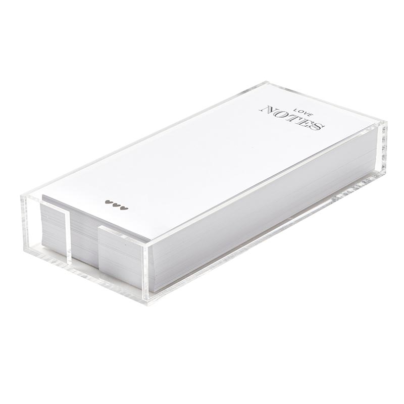 Clear acrylic notepaper tray holding loose leaf card stock with printed messages.