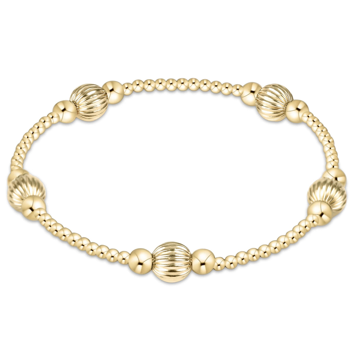 Gold beaded bracelet featuring 2mm, 4mm, and 6mm fluted dignity beads on an elastic band.