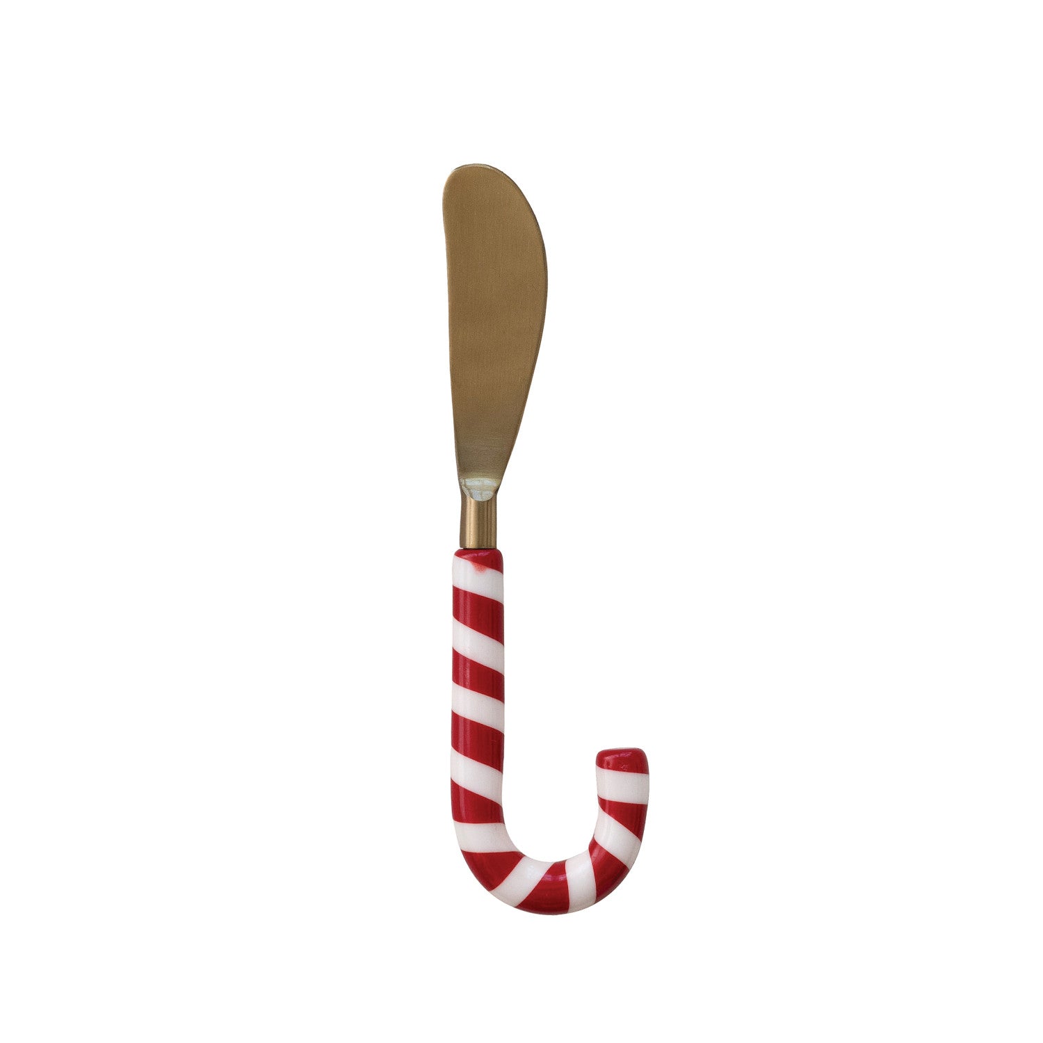 Stainless steel spreader with a red and white striped resin candy cane shaped handle.