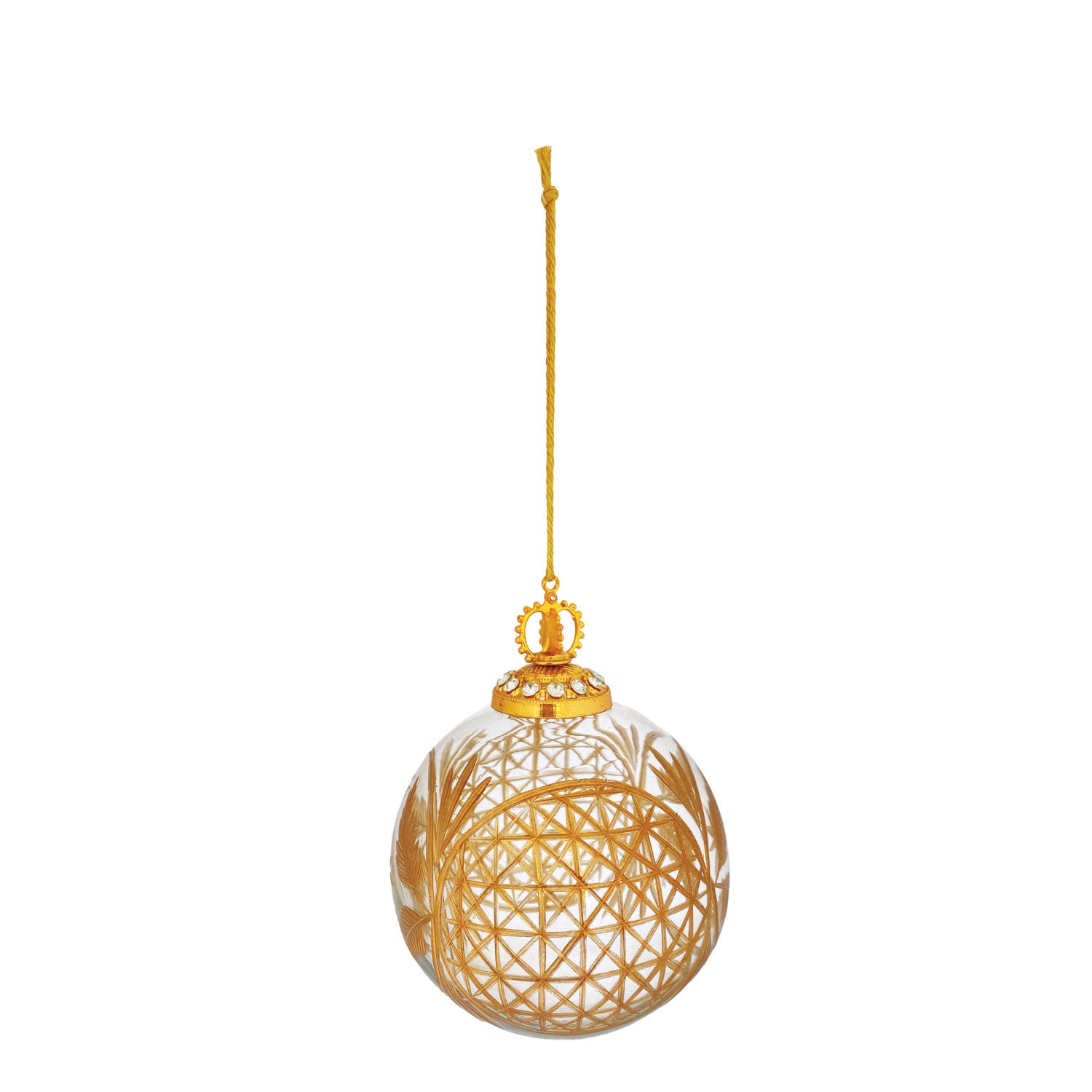 Hand-blown clear glass ball ornament with etched gold geometric patterns and a gold hanging cord.