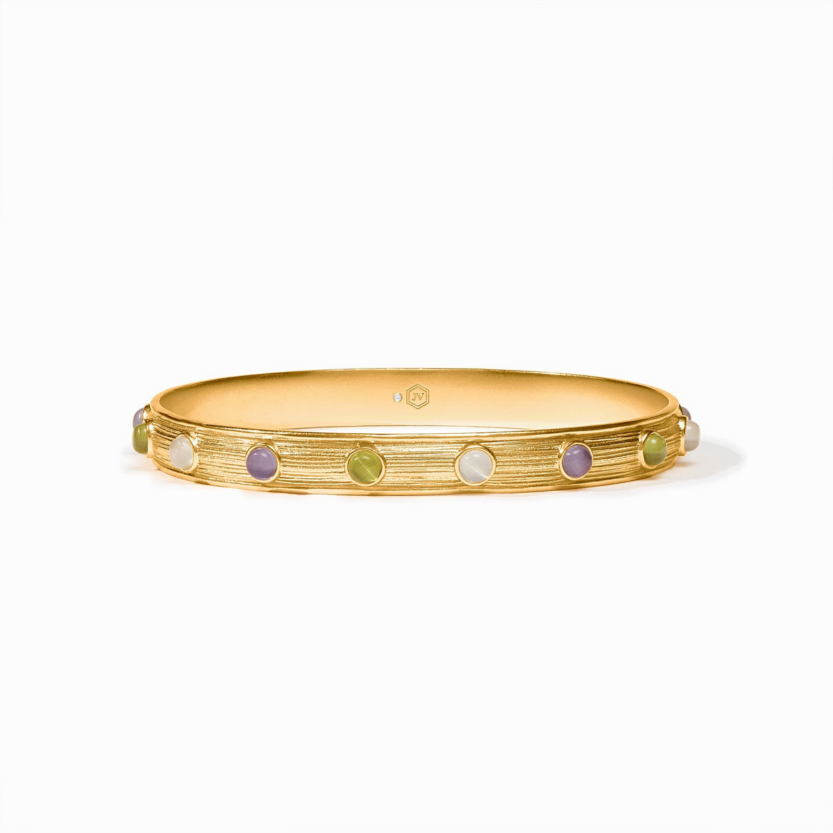 Gold-plated Cobblestone Stone Bangle with colorful glass cabochons in purple, green, and white.