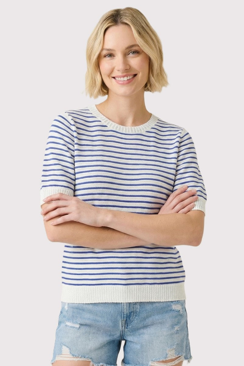 Millie Pointelle striped half-sleeve crew neck sweater in cotton with a relaxed silhouette.