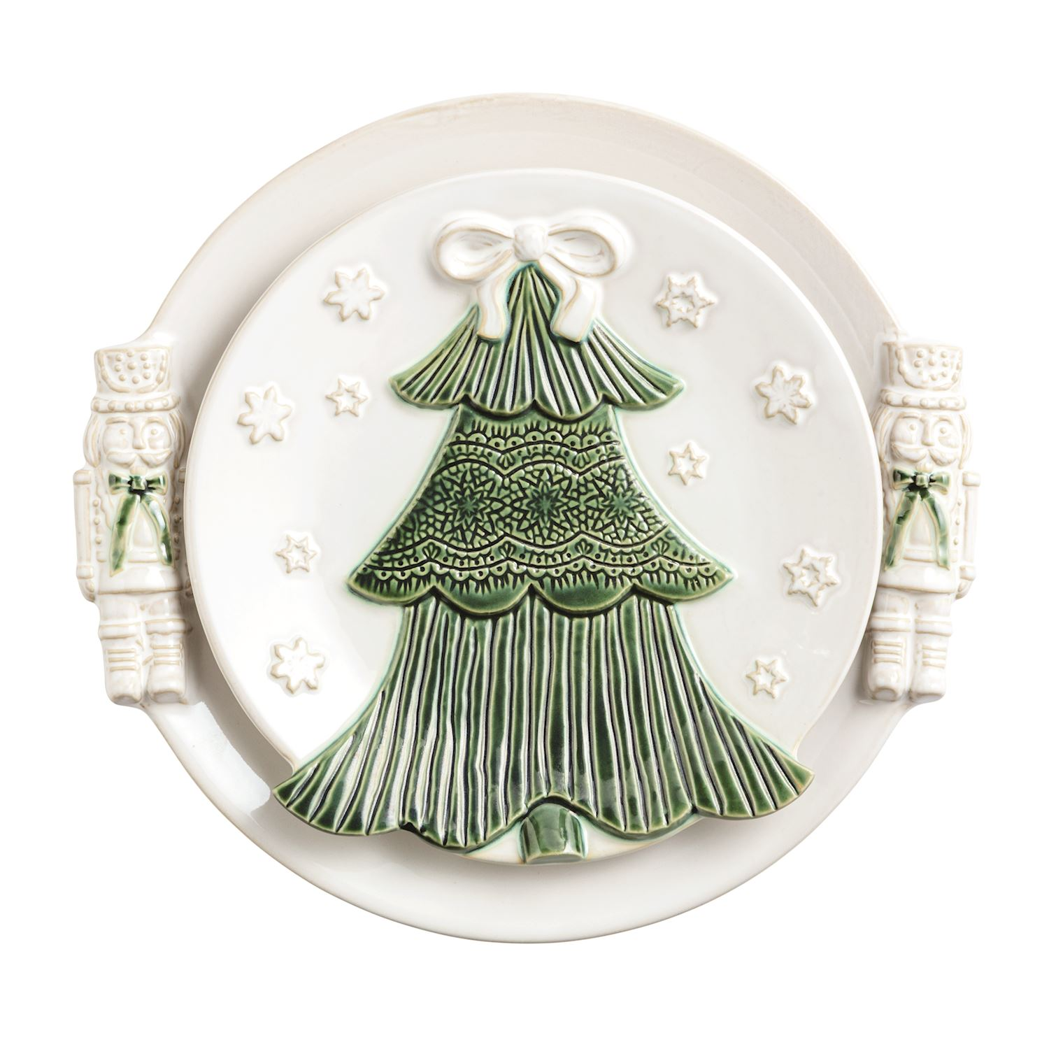 White ceramic Christmas platter set featuring a green tree design and nutcracker handles.