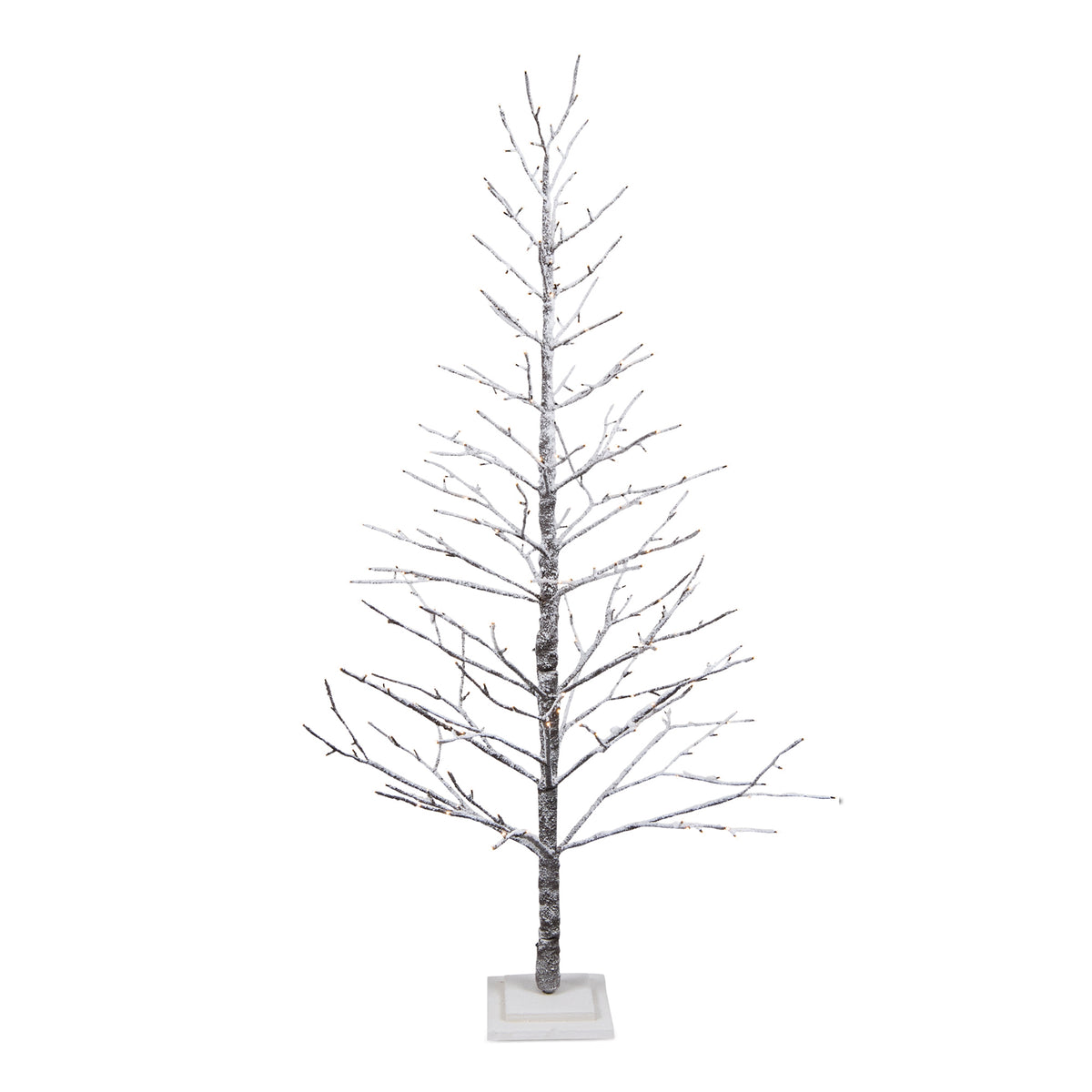6-foot tall snow-dusted artificial tree with bare branches and 270 LED lights on a square base.