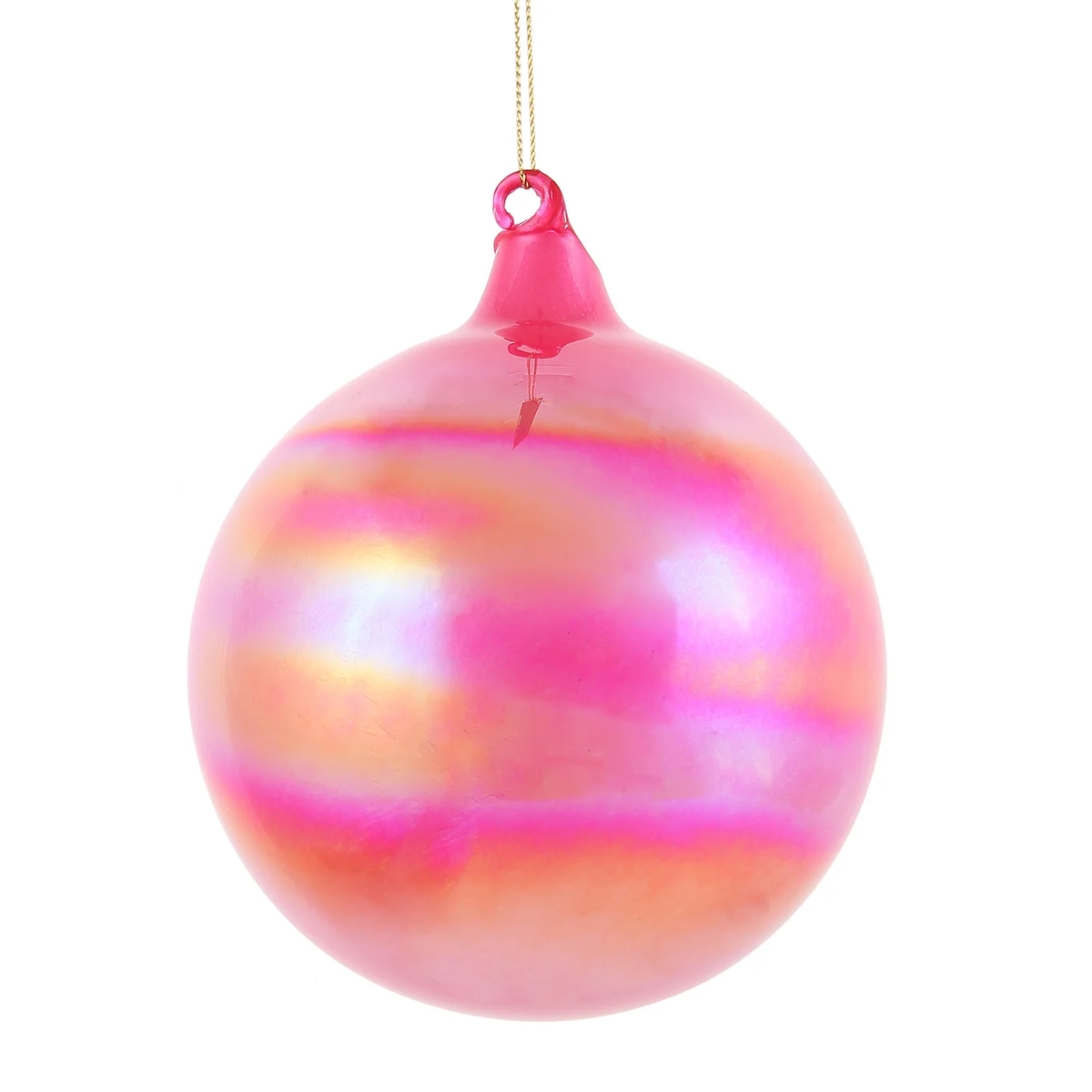 120mm fuchsia pearl glass ball ornament with iridescent pink and orange horizontal stripes.